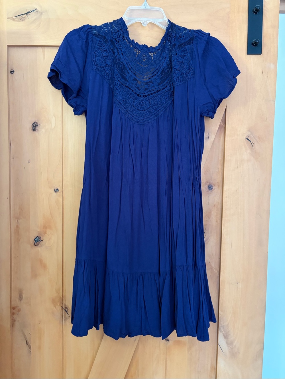 DAVI & DANI Royal Navy Crochet Yoke Mini Dress